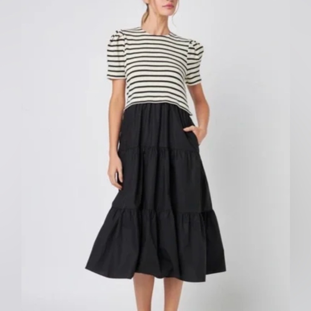 NWT English Factory short sleeved mixed media striped midi dress